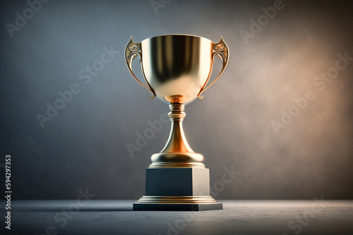 Single golden winner champion trophy cup in dark background. Created with Generative AI technology.