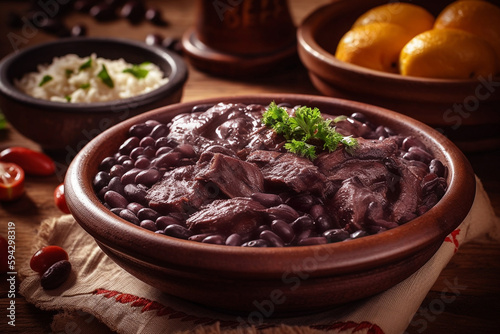 FEIJOADA: typical and traditional food of Brazilian cuisine, served with rice, farofa, orange, pepper and cabbage. generative ai