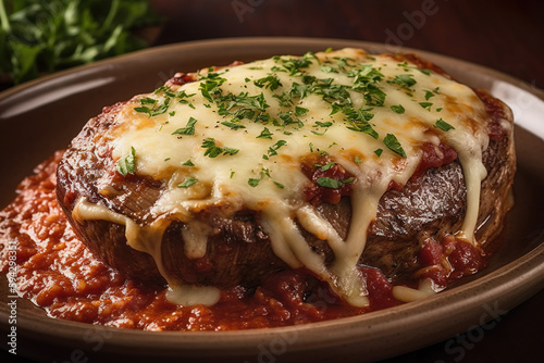Parmegiana Steak also known as Filet Parmegiana in a brown plate on a rustic wooden background, cheese and tomato sauce. Soft light, angle view. generative ai photo
