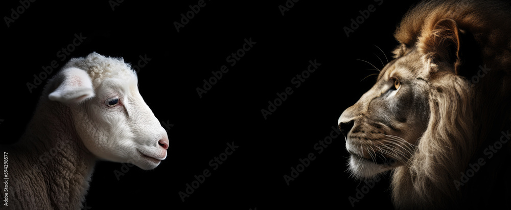 Profile of Lion and Lamb Isolated on Black Background. AI generative - obrazy, fototapety, plakaty 