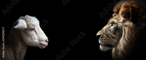 Leinwand Poster Profile of Lion and Lamb Isolated on Black Background