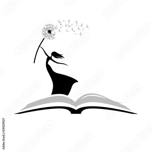 open book and lady with dandelion flower