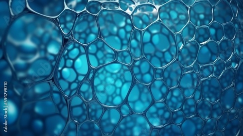Oil bubbles with fine structures floating on blue water. Generative ai