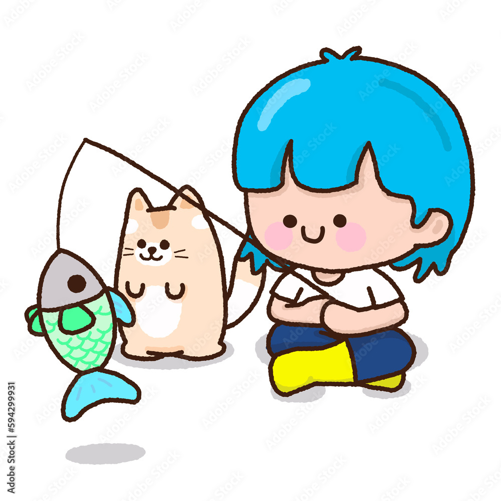 Girl And Cat Are Fishing In Summer Season