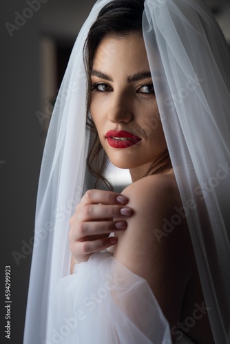 Beautiful, happy bride posing dramatically under a sheer veil