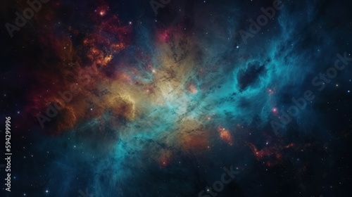 Dramatic space view moving through universe galaxies stars and nebulae. Generative ai