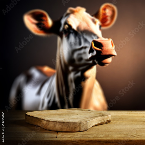 Desk of free space for your milk and brown cow on brown background in studio. 