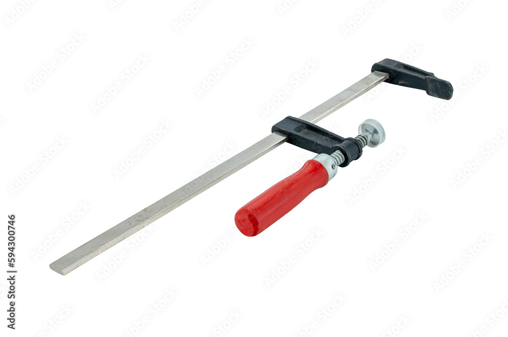 Eine Schraubzwinge aus Metall mit einem roten Griff vor einem weißen Hintergrund Eine Schraubzwinge aus Metall mit einem roten Griff vor einem weißen Hintergrund