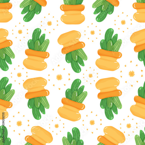 Seamless pattern with cartoon potted houseplant - cute green cactus with spikes in orange pot on white background.