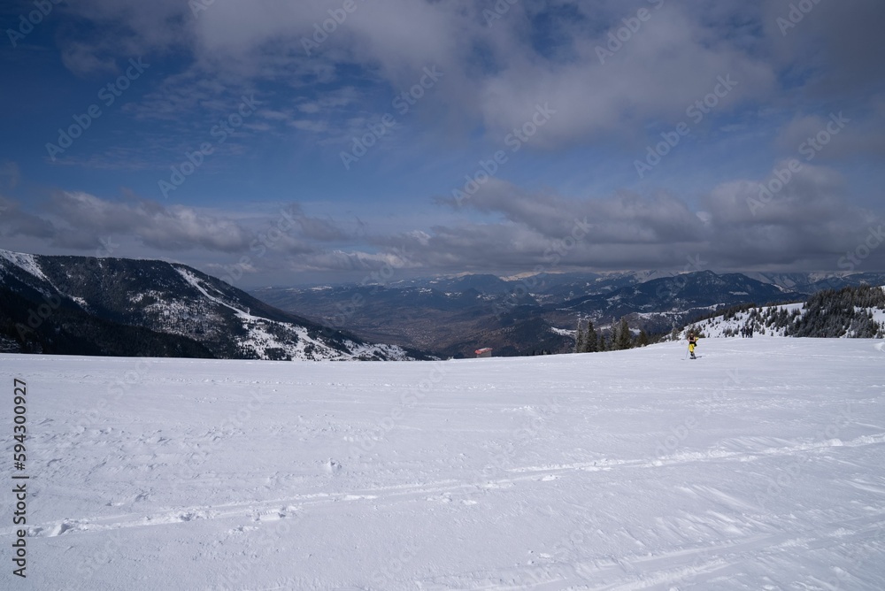 Man standing in the field against the background of snow-capped mountains.