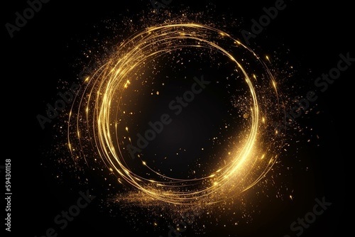Fototapete Gold glitter circle trails, glittering light shine sparkles ring on black background