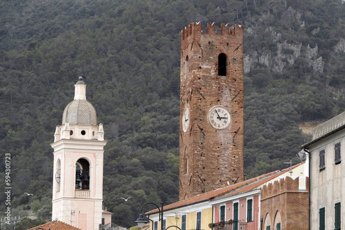 clock tower of noli medieval village liguria italy