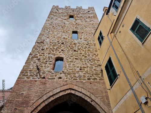 clock tower of noli medieval village liguria italy