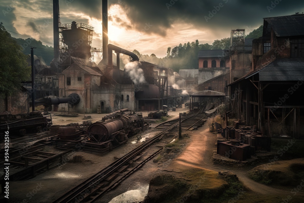 A Train Yard With A Lot Of Train Tracks And Buildings On It Abandoned Factory At Sunset Stereoscopic Photography Industrial Photography Generative AI