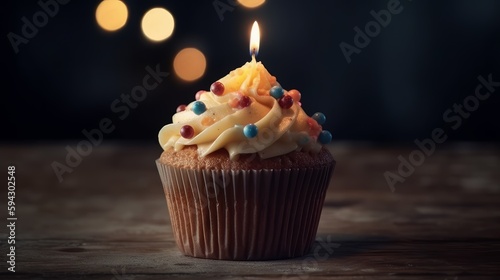 Cupcake with icing and frosting and with a burning birthday candle. Generative ai
