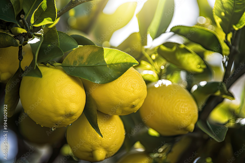 Fresh lemons on a branch, Generative AI