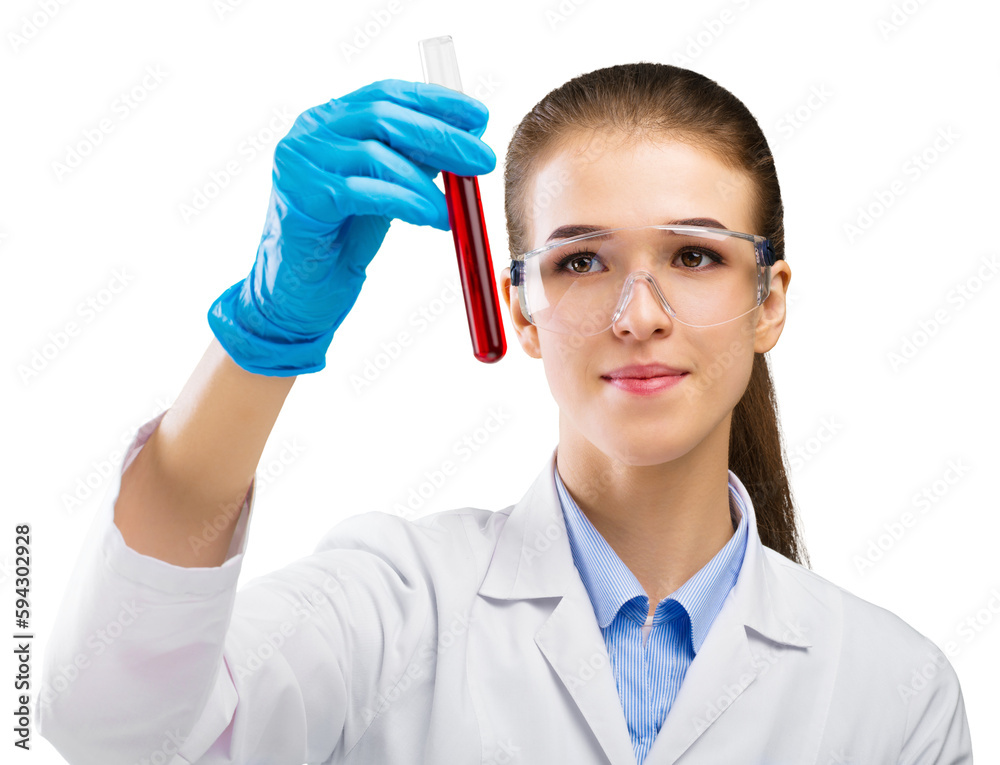Young attractive female scientist in protective gloves Young attractive female scientist in protective gloves