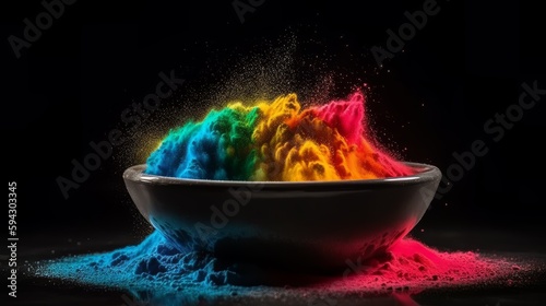 Holi colour explosion in a bowl on a dark background. Generative AI