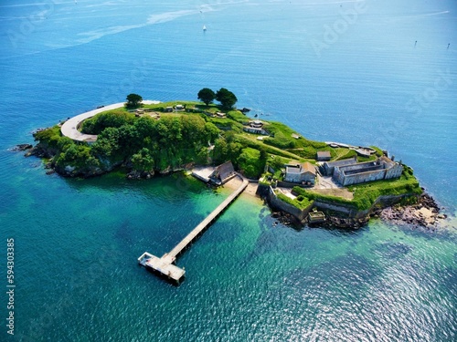 An aerial shot of the Drake's Island