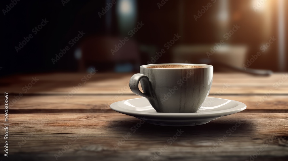 A cup of coffee on a saucer on a wooden table with a bright light coming from the top of the cup in the background. Generative ai A cup of coffee on a saucer on a wooden table with a bright light coming from the top of the cup in the background. Generative ai