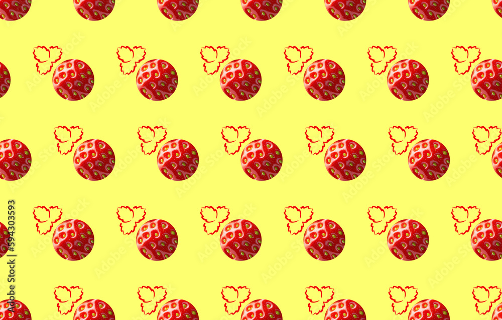 Seamless pattern of strawberries on a yellow background. Fresh repeating red berry with leaf on yellow background. Generative AI Seamless pattern of strawberries on a yellow background. Fresh repeating red berry with leaf on yellow background. Generative AI