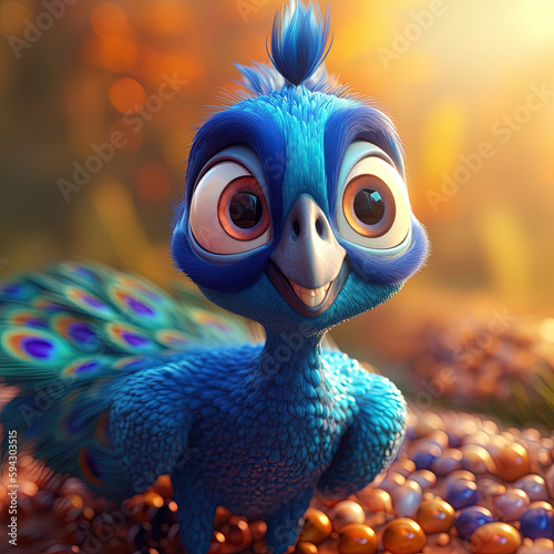 Cute creatures 3d peacock character. Generative AI.