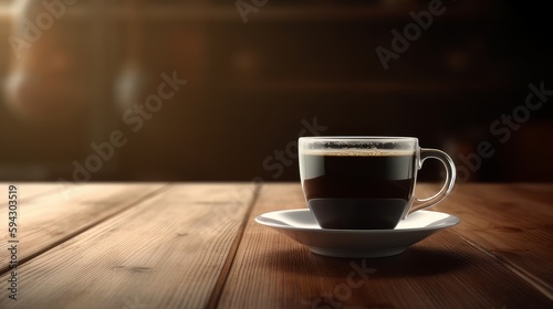 A cup of coffee on a saucer on a wooden table with a bright light coming from the top of the cup in the background. Generative ai