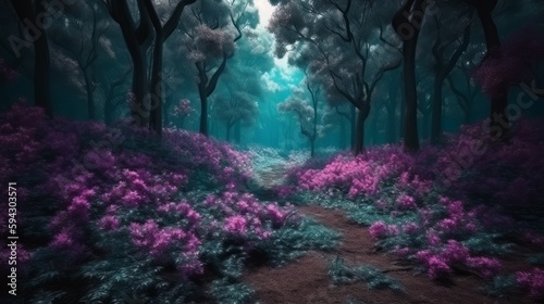 Bright day, atmospheric forest with glowing lights in the background during the day, royal purple peonny flowers, trees with leaves. Generative ai