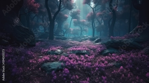 Bright day, atmospheric forest with glowing lights in the background during the day, royal purple peonny flowers, trees with leaves. Generative ai