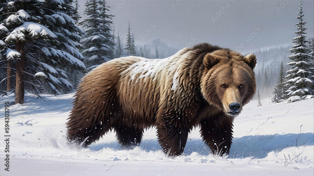 Digital drawing of a brown bear in winter, generative AI Digital drawing of a brown bear in winter, generative AI