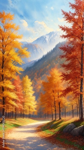 Autumn landscape, digital watercolor painting, Generative AI