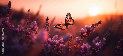 Butterfly flying through cherry blossom flowers wallpaper, nature, sun.