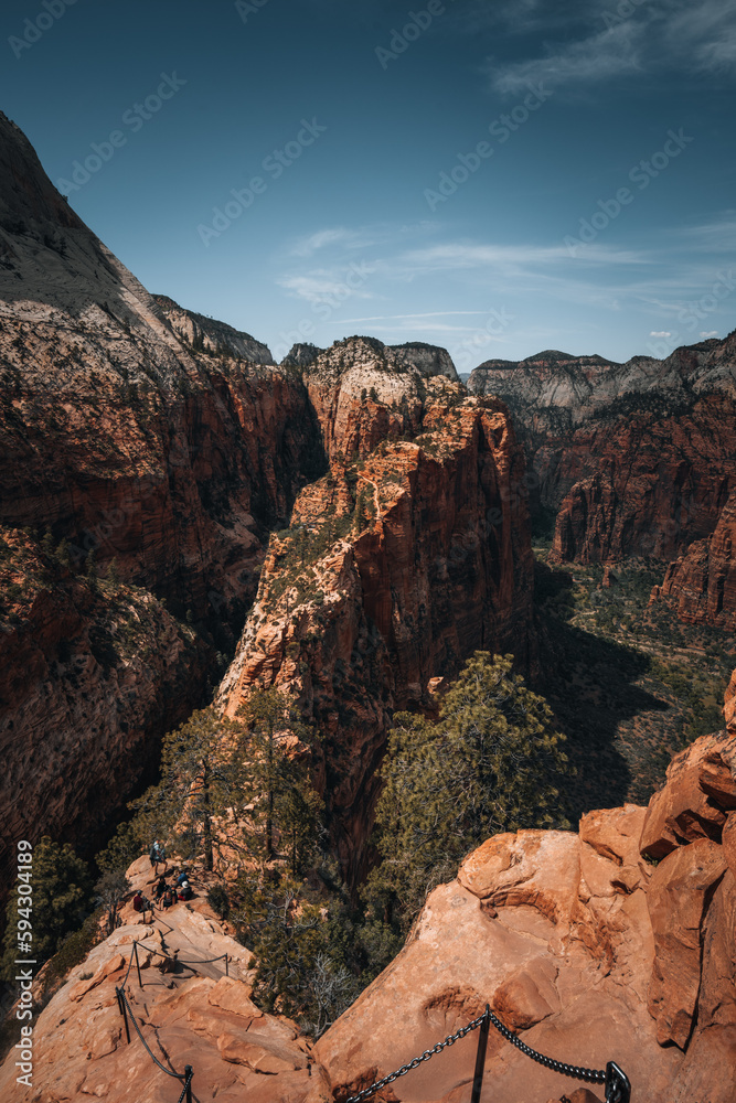 View of Zion Canyon from Angels Landing,in Zion National Park, Utah. Blue sky with clouds. Travel concept after covid. Outdoor experience.