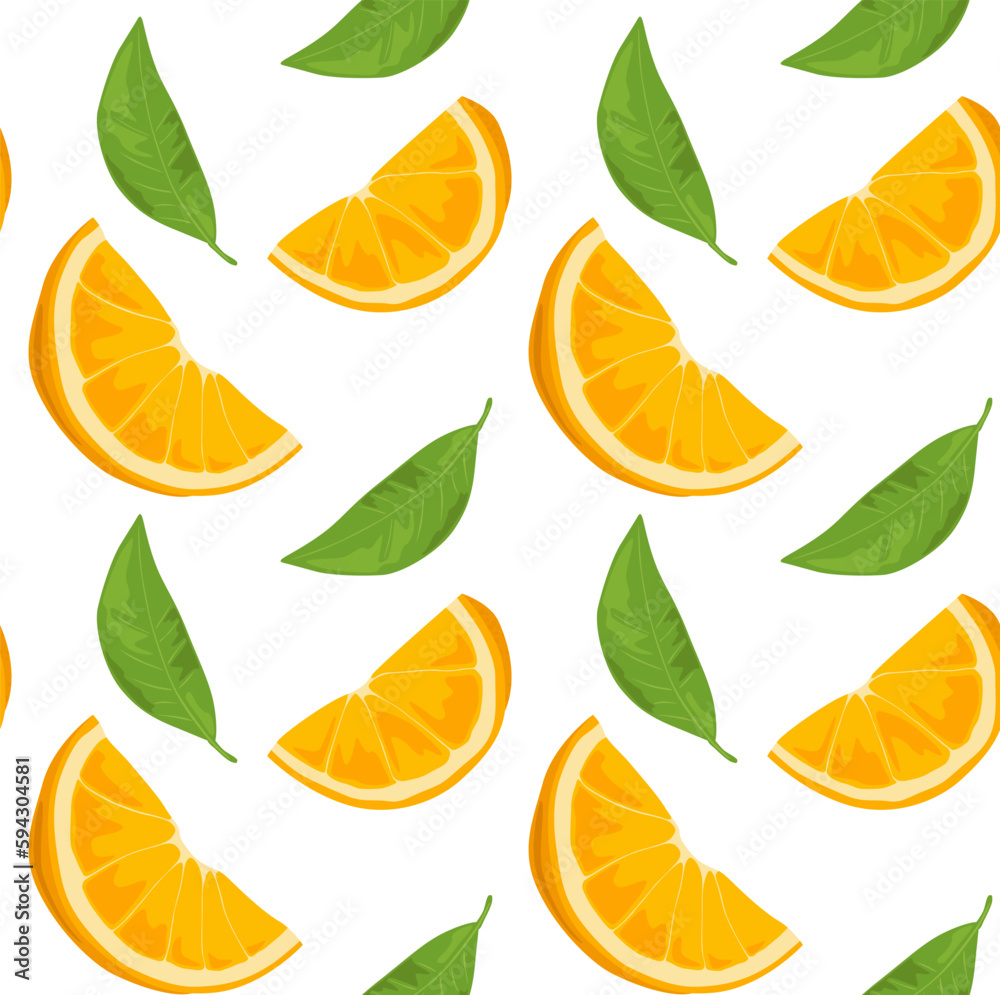 Slices of oranges with leaves. Seamless pattern in vector. Suitable for prints and backgrounds. Slices of oranges with leaves. Seamless pattern in vector. Suitable for prints and backgrounds.