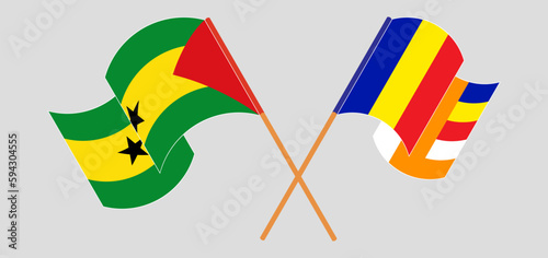 Crossed and waving flags of Sao Tome and Principe and Buddhism
