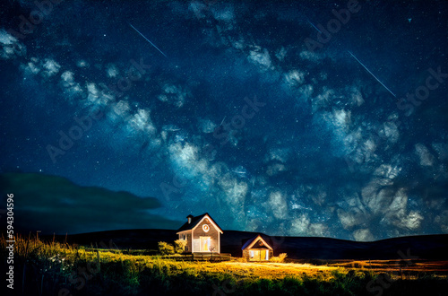 House on background of starry sky. Secluded residential building at night with stars in sky. Generative AI.