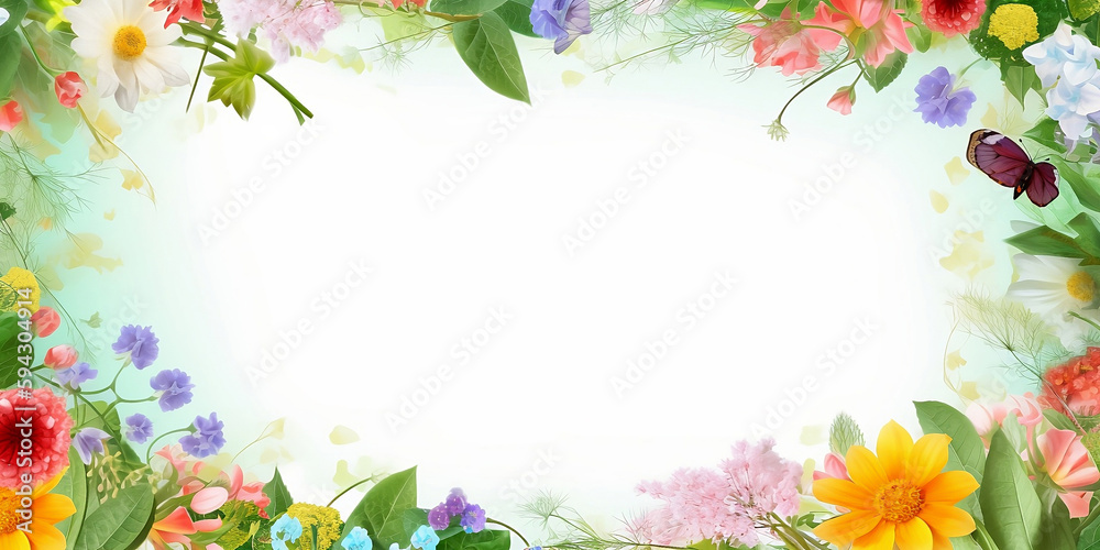 Spring flower border on background, white spring blossom generated by AI.