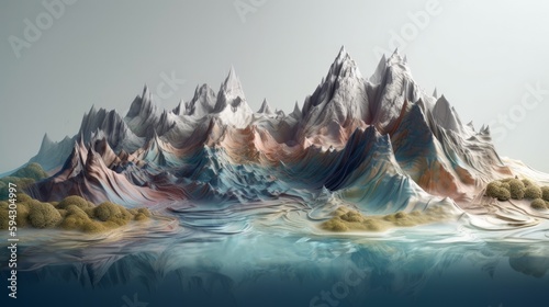 Panoramic view of snow capped mountain peaks, scenery background, Generative AI