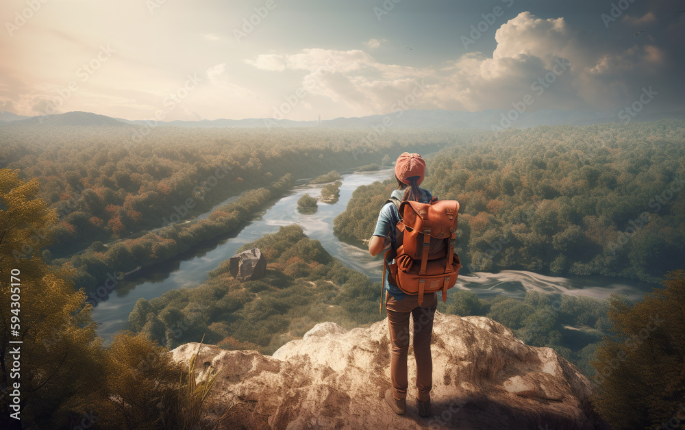 Hiker with backpack standing on the edge of cliff and looking at the river, Generative AI