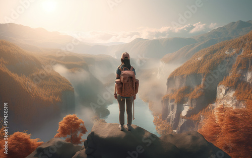 Hipster girl with backpack standing on edge of cliff and looking at the valley, Generative AI