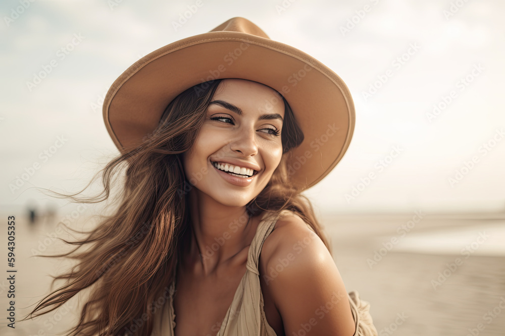 Beautiful young woman in hat smiling and looking at camera on beach. Generative AI,