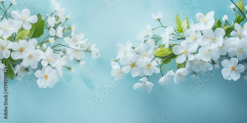 Spring flower border on background, white spring blossom generated by AI.