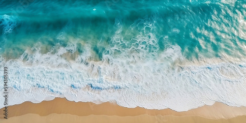 Relaxing aerial beach scene, summer vacation holiday template banner. Waves surf with amazing blue ocean lagoon, sea shore, coastline. Perfect aerial drone top view. generated by AI.