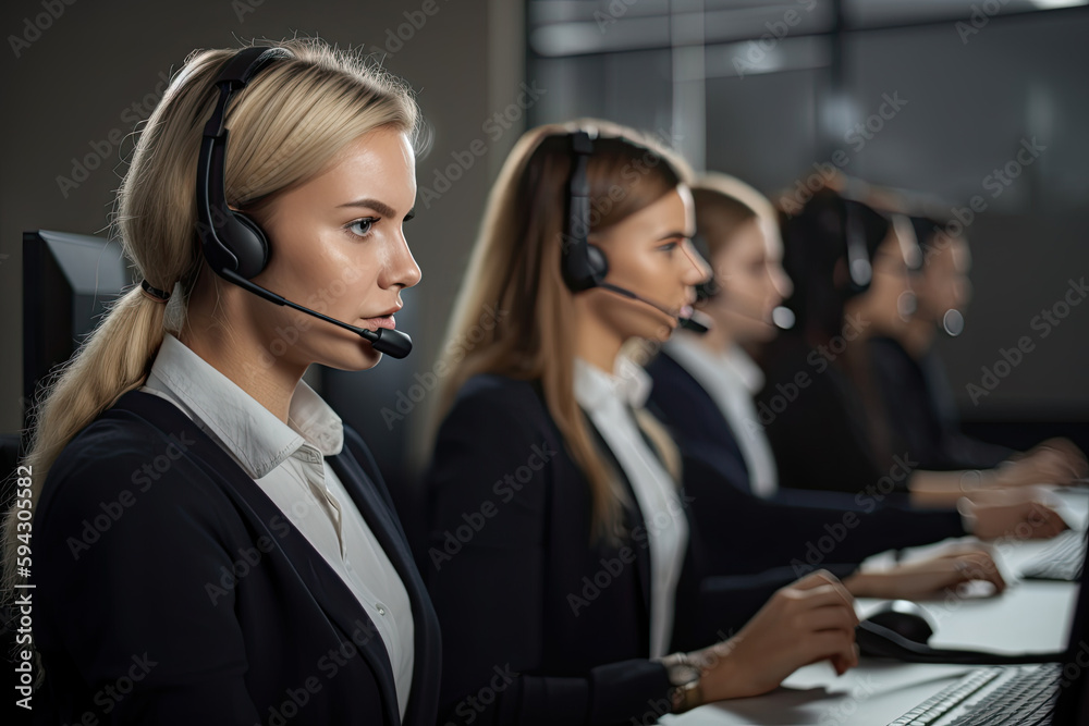 selective focus of call center operator with headset working in call center, Generative AI selective focus of call center operator with headset working in call center, Generative AI