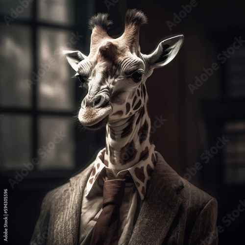 Giraffe in jacket and tie on dark background. Business concept. Fashionable animals. 3d illustration © Zakhariya