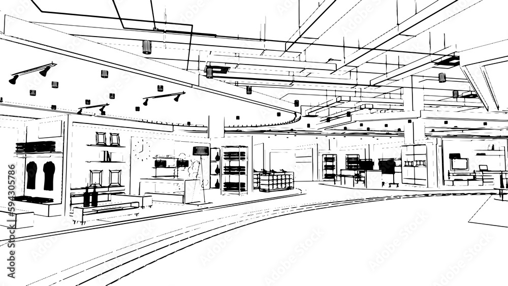 line drawing of the area of the department store hall,fashion store section,3d rendering line drawing of the area of the department store hall,fashion store section,3d rendering