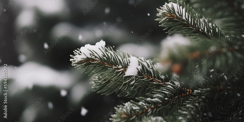 decorative snowflakes on snowy fir tree, natural winter background. symbol of Christmas and New Year holiday. winter festive season concept generated by AI.