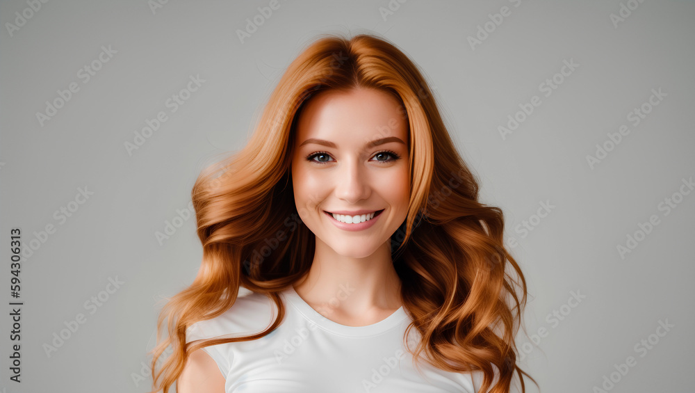 Happy woman with healthy, red hair. Empty background with mockup. Generative AI. Happy woman with healthy, red hair. Empty background with mockup. Generative AI.