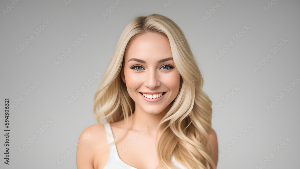 Happy woman with blonde, long hair on isolated background with mockup. Generative AI. Happy woman with blonde, long hair on isolated background with mockup. Generative AI.