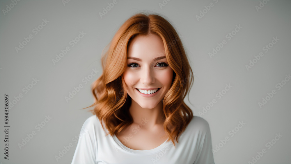 Fototapeta premium Happy woman with red hair on empty background with copy space. Generative AI.